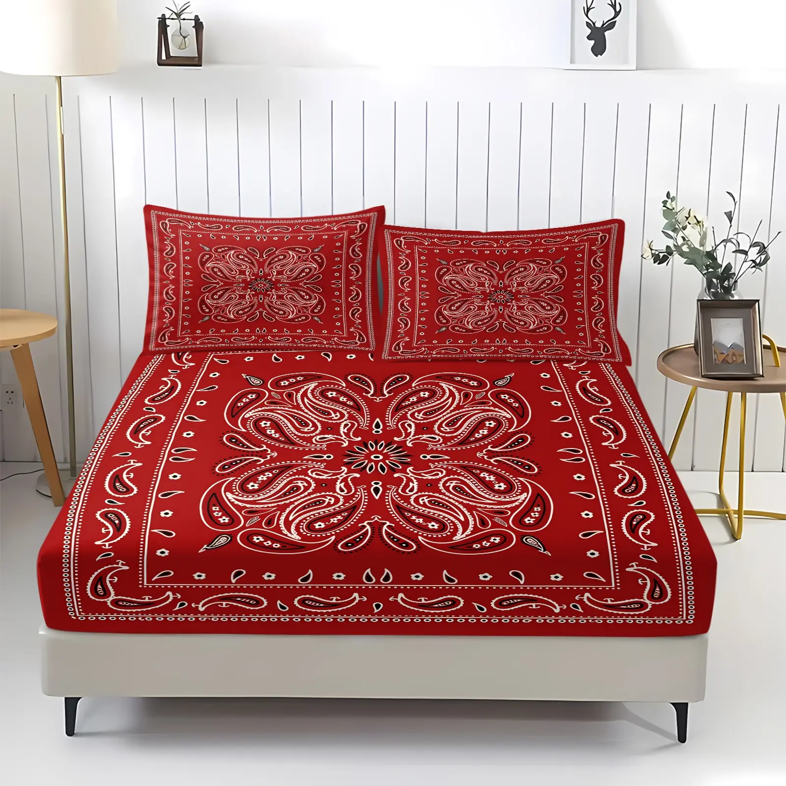 Retro West Coast Hip Hop Red Bandana Paisley Print Fitted Sheet Set, 1 Fitted Sheet & 2 Pillowcase, Elastic Pocket Non-Slip All Season Bedding, Breathable Soft Fabric, Perfect For Teen Dorm Rooms And Street Culture Themed Bedrooms