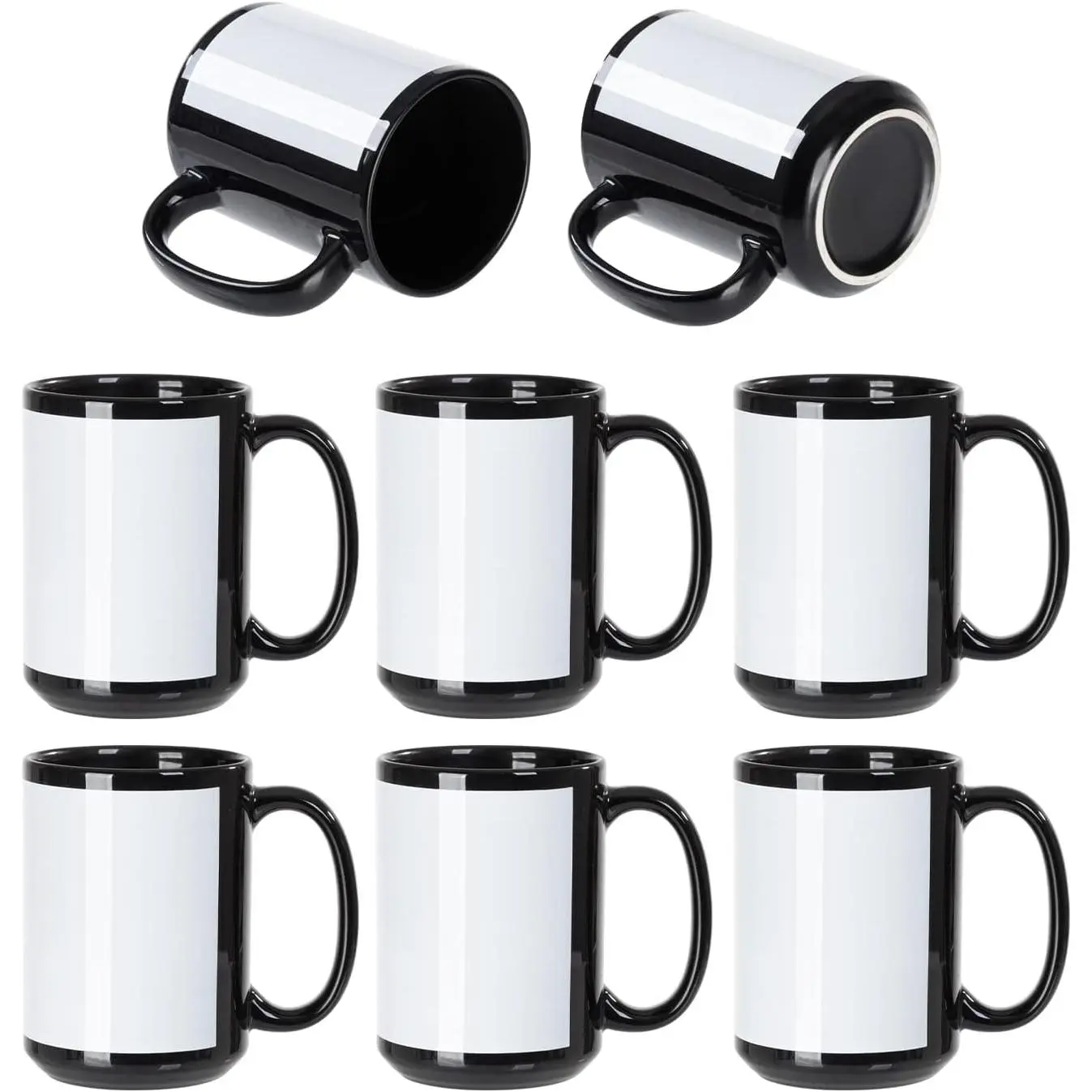 8 Pack Sublimation Coffee Mugs Blank Black with White Patch 15 OZ | Ceramic Photo Mugs Cups for Tumbler Heat Press Sublimation Oven Printing