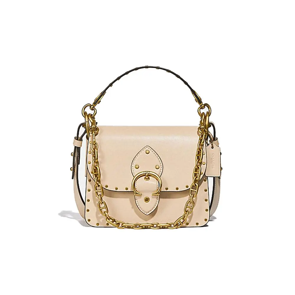 COACH Beat 18 Vintage Rivet-Embellished Chain Leather Satchel Bag for Women, Beige