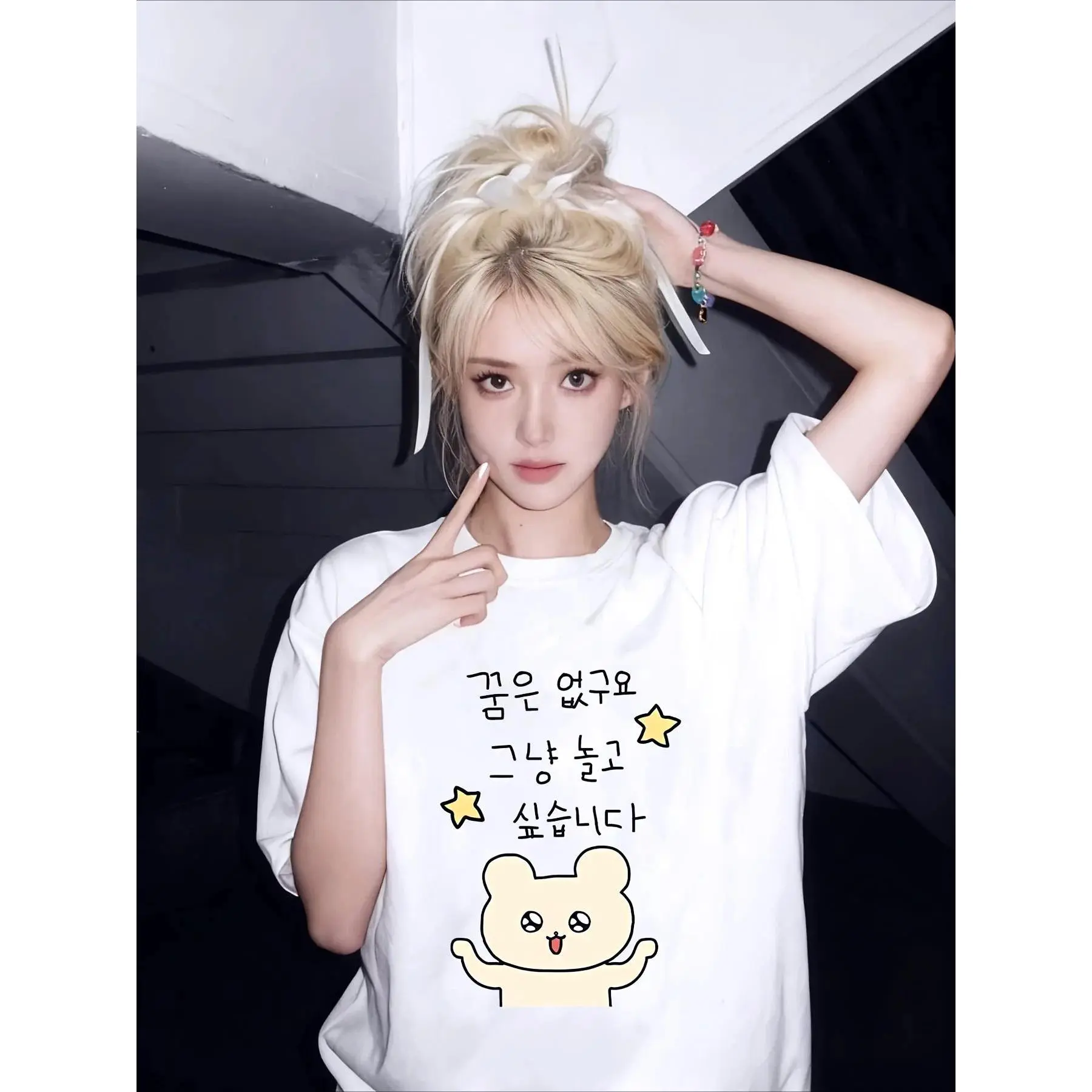 White Short Sleeved T-shirt with Fun Korean Text Combination Illustration Round Neck Kawaii Y2k Women Tops Versatile Summer Teesgood graphic tees