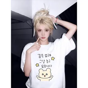 White Short Sleeved T-shirt with Fun Korean Text Combination Illustration Round Neck Kawaii Y2k Women Tops Versatile Summer Teesgood graphic tees