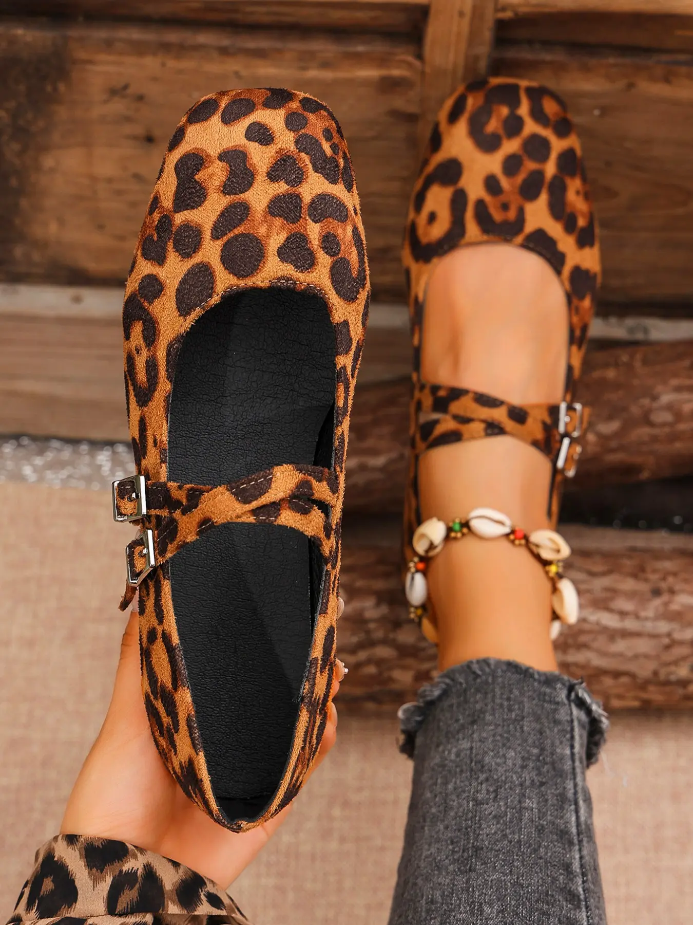 Women's Plus Size Ballet Shoes, Leopard Print Upper, Square Toe Design, Casual Comfort Slip-On Loafers, Versatile Spring Fall Fashion