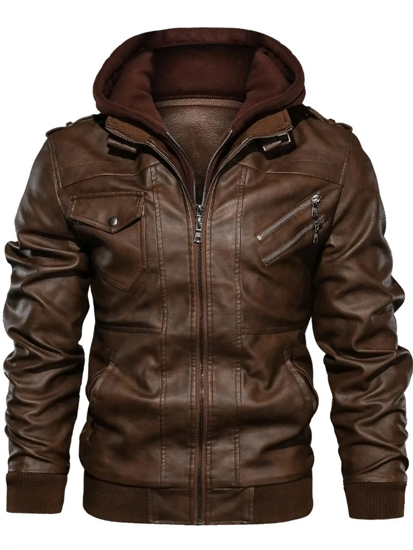 Men's Slim Fit Solid Zip Up Pocket Hooded PU Jacket, Trendy Casual Coat for Daily Outdoor Life, Men Clothing for Spring Fall, Zip Up Jacket