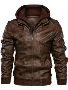 Men's Slim Fit Solid Zip Up Pocket Hooded PU Jacket, Trendy Casual Coat for Daily Outdoor Life, Men Clothing for Spring Fall, Zip Up Jacket