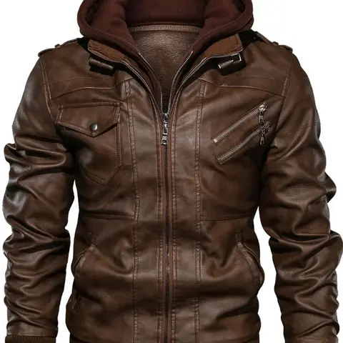 Men's Slim Fit Solid Zip Up Pocket Hooded PU Jacket, Trendy Casual Coat, Trendy Outerwear for Daily Outdoor Life, Men Clothing for Spring Fall, Zip Up Jacket