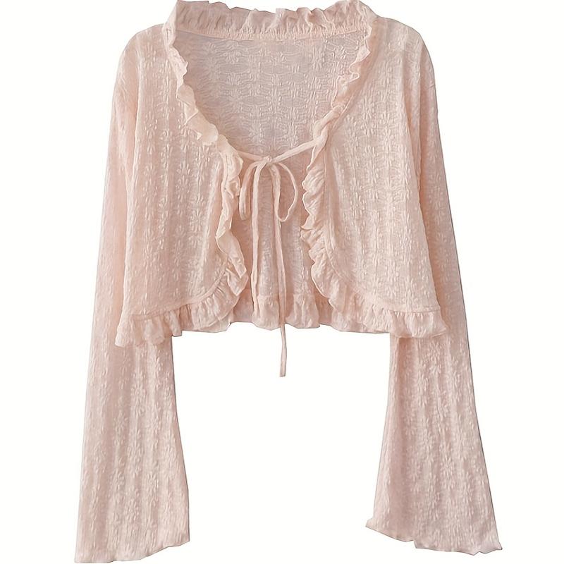 Elegant and Lightweight Lace-up Cardigan-Breathable Chiffon Shawl, Ruffles, Long Sleeves, Sun Protection-Spring/Women's Summer Top, Soft Blue, White, Cream, Pink, Black Fitted Knitwear Womenswear Basic Beige Casual