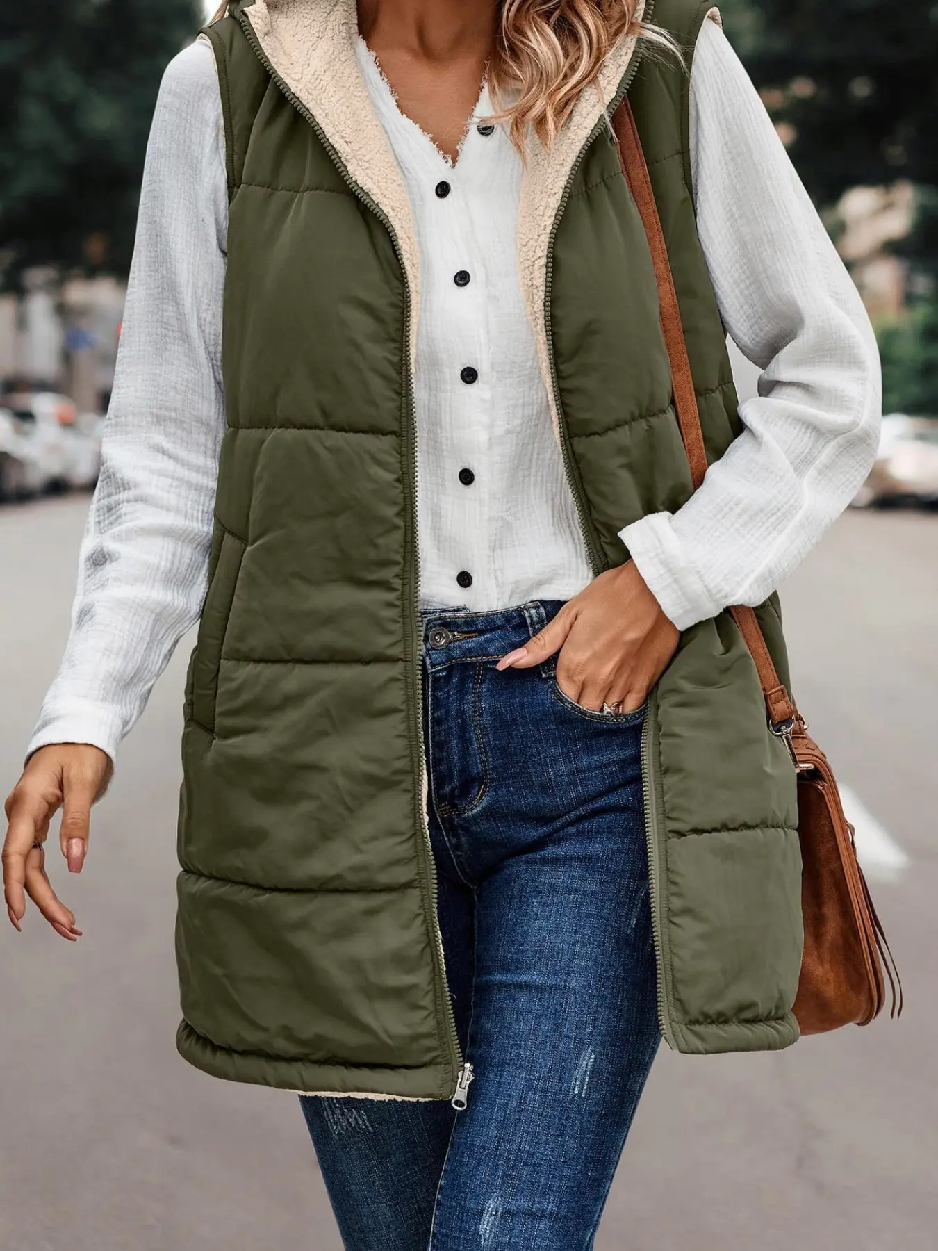 Women's Warm Reversible Sleeveless Fleece Jacket, Zipper Vest, Long Coat with Zipper Closure, Pocket and Hooded Casual Outerwear, Cozy Winter Fashion