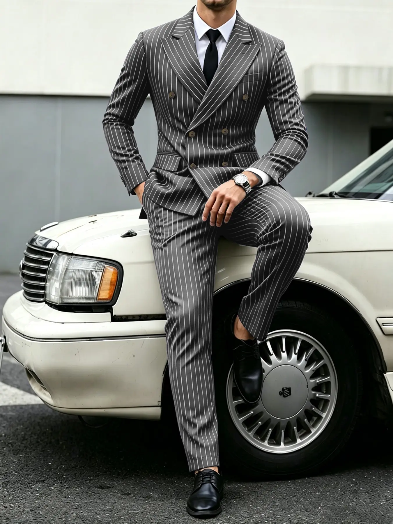 Men's Formal Striped Suit Set, Notch Lapel Design, Striped Two-Button Blazer, Straight Leg Pants, Business Casual, Pinstripe Suit