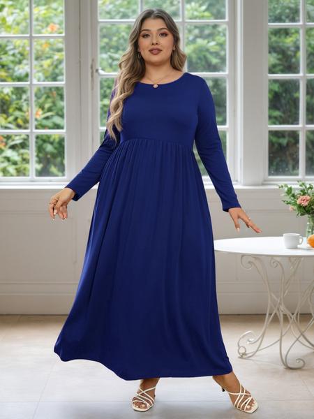 Women's Round Neck Stretchy Casual Long Plus Size Dress, Perfect for Bridesmaids, Vintage Style Wedding & Party Wear, Comfortable Fabric
