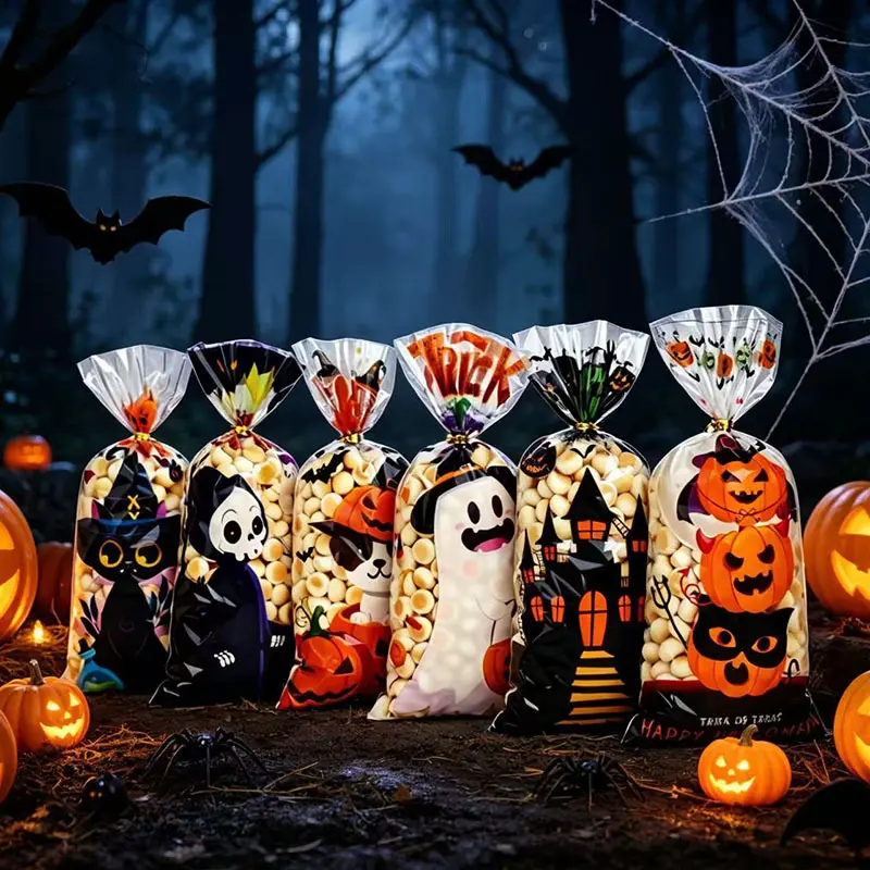 100 Pcs Halloween Candy Bags Trick or Treat Goodie Bags Reusable Party Favor Bags for Kids Halloween Treats Gifts Snacks Cookies-YY