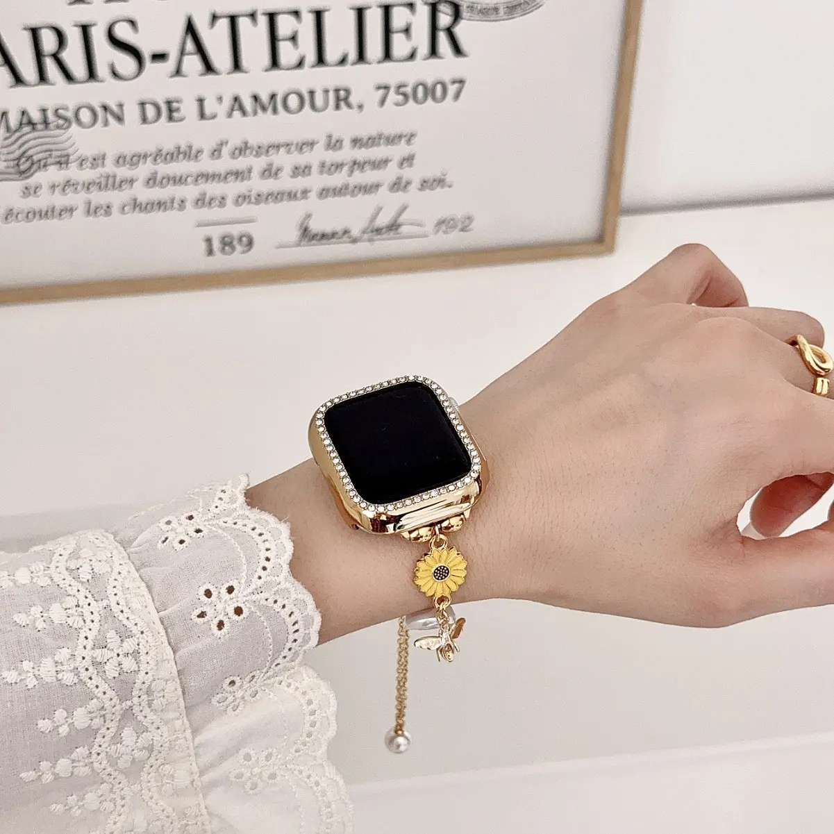 Gold Sunflower Beaded Metal Bag Strap, 38/40/41/s10/s11-42mm Niche Vintage Craft Wristbands for Luggage & Bag Accessories, 38/40/41/S10/S11-42Mm Gold