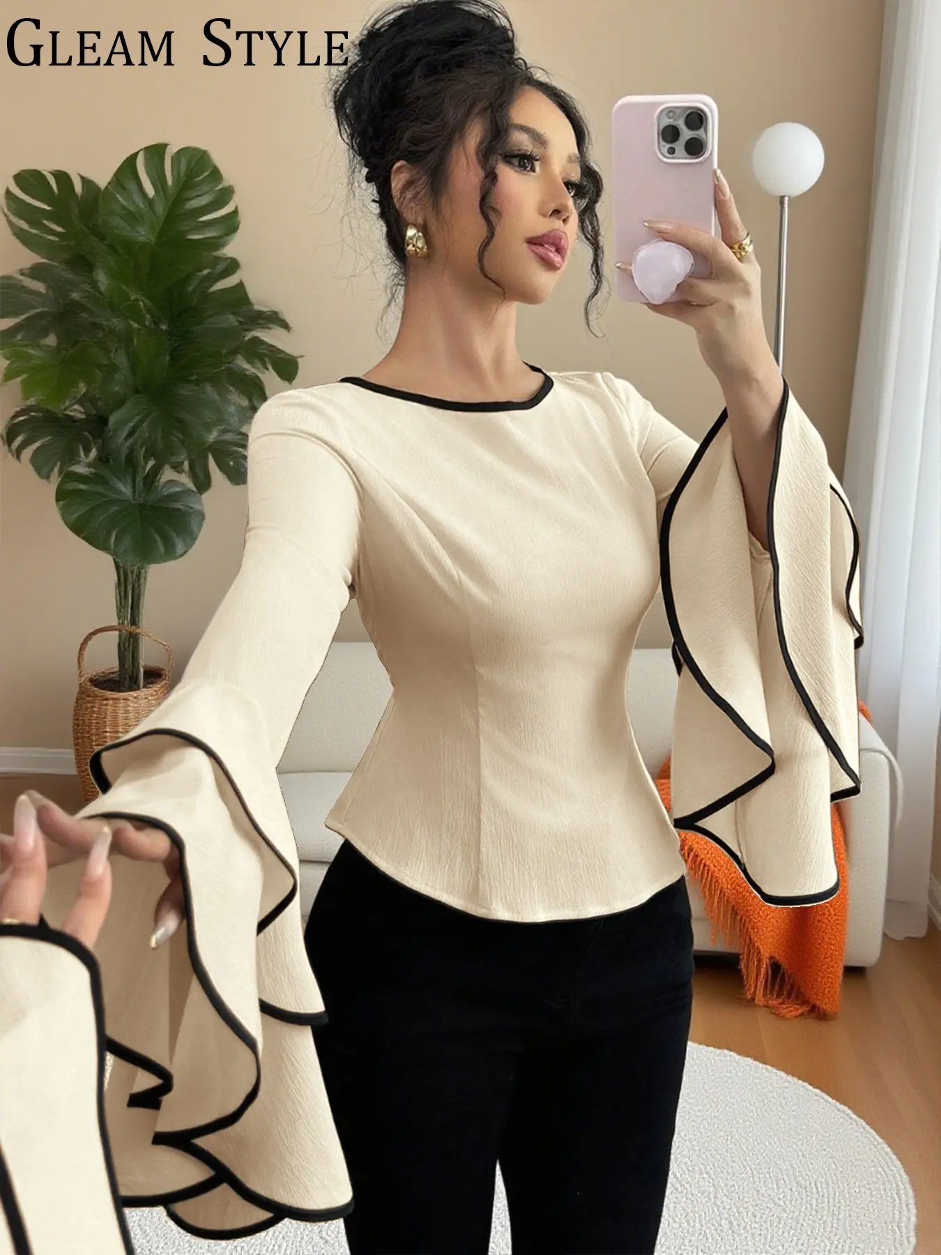 Elegant Blouse for Women, Spring Summer Casual Top, Ruffle Bell Long Sleeve, Round Neck, Colorblock Trim, Plain Surface Design