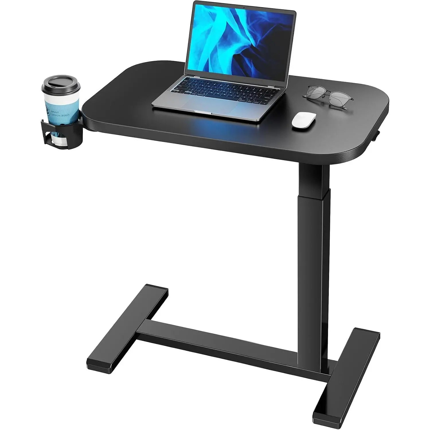 28Inch Bedside Table with Wheels, Height-Adjustable Rolling  Cart, Overbed Table with Cup Holder, Pneumatic Laptop Standing Desk for  Office, Black