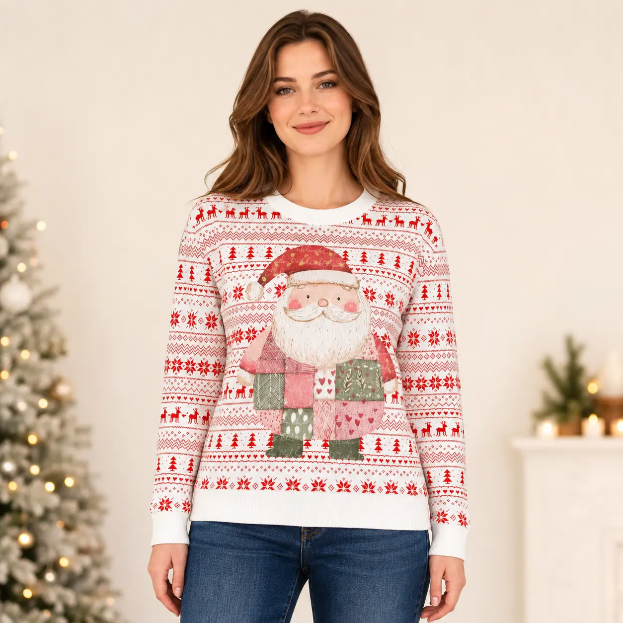 Women's White Christmas Sweater with Patchwork Santa Graphic, Red Nordic Reindeer Snowflake Tree Pattern Long Sleeve Crew Neck Pullover, Festive Holiday Outfit for Christmas Party Family Photos Gift Exchange Winter Casual Wear, Sizes XS–3XL