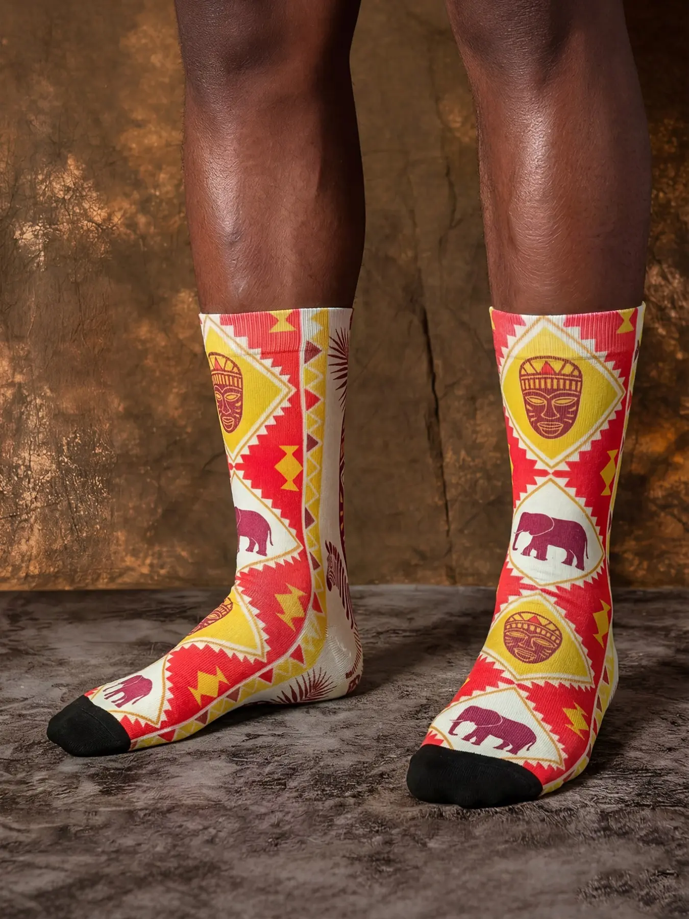 3 Pairs Unisex Crew Socks, African Elephant Tribal Mask Design, Geometric Pattern, Breathable Fashion Socks for All Seasons