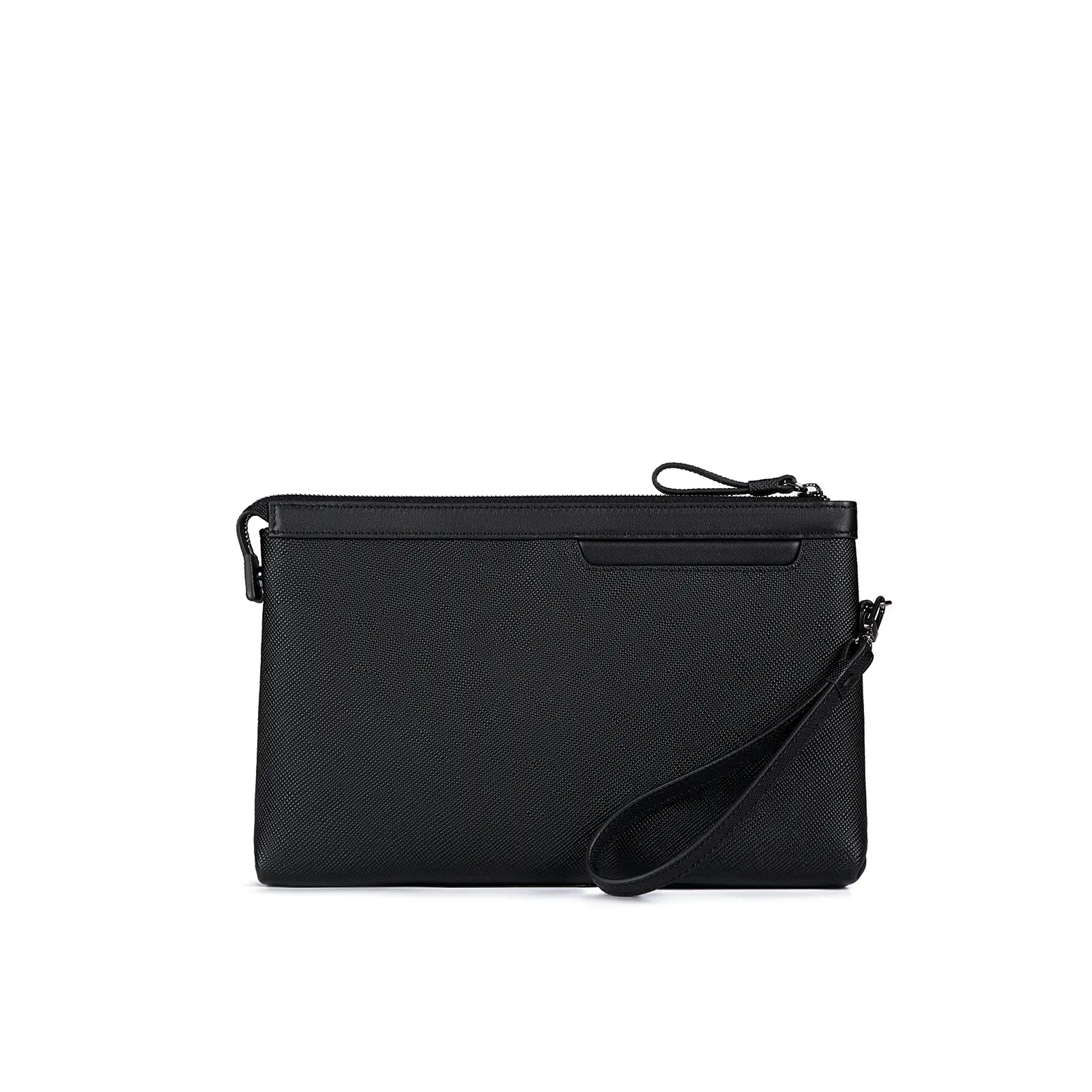 Men Top Grain Saffiano Leather Wristlet Clutch Bag, Black Business Hand Purse With Detachable Wrist Strap & Outer Phone Pocket