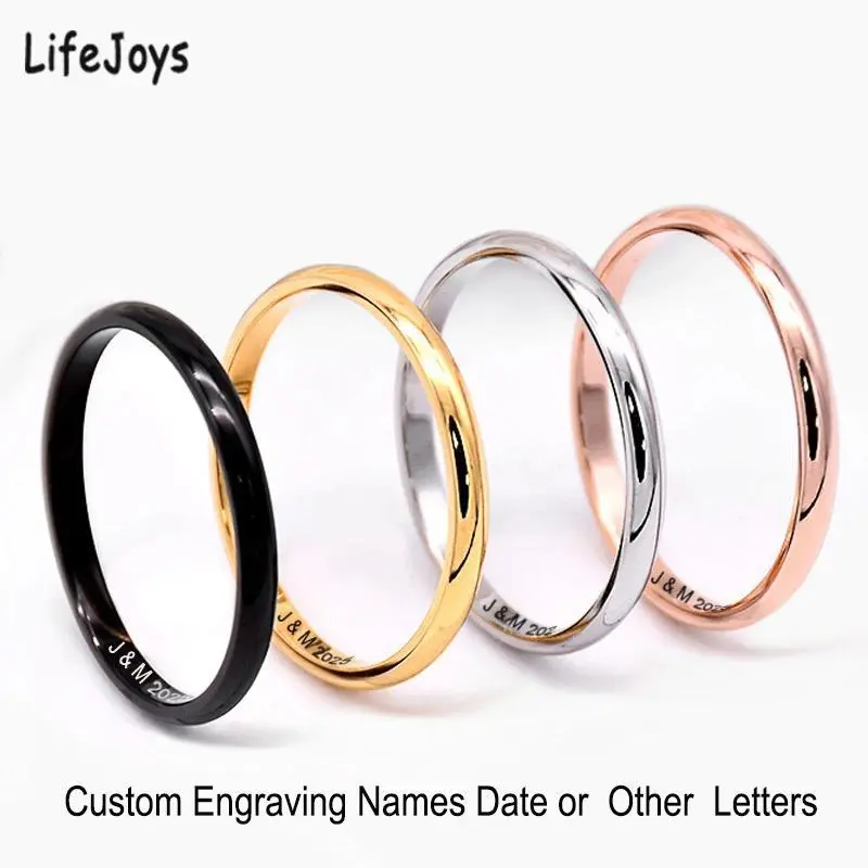 Women's 2mm Thin Stainless Steel Solid Bands - Engraved Names Personalized Female Ring, Black/Rose Gold/Silver Color Stainless Steel Jewelry for Daily Wear, Letters Rings
