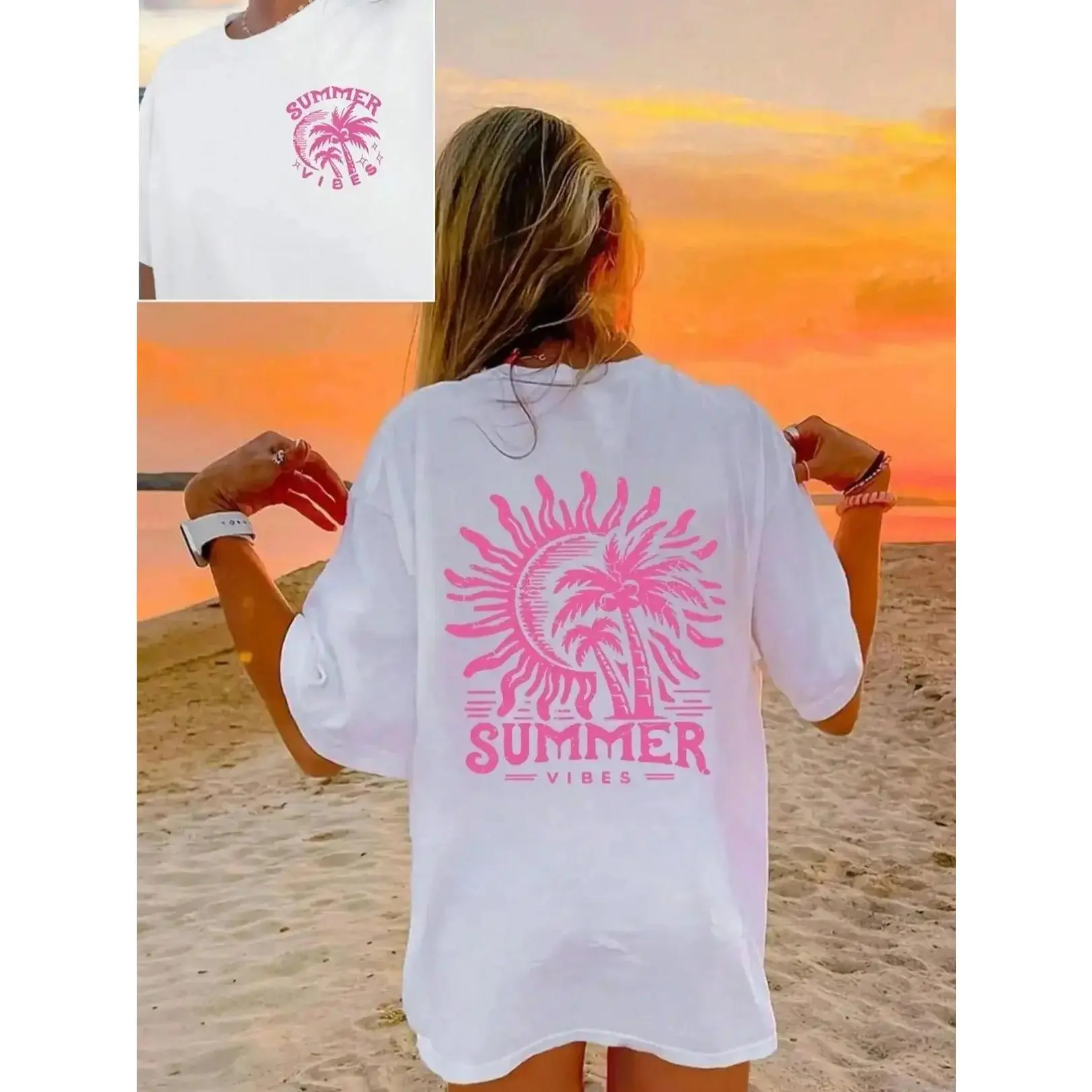 Women's Palm Tree & Sun Print Round Neck Tee, Casual Short Sleeve T-shirt for Summer, Ladies Sleepwear for Beach Vacation, Top,Street,shirts