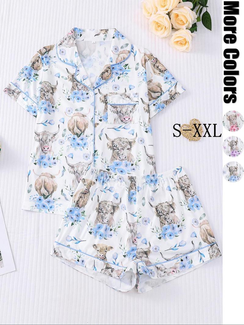 Women's All-Over Cow-Print Contrast-Trim Shirt & Elastic-Waist Shorts Pajama Loungewear Set, Casual Comfy Short Sleeve Collared Top & Shorts PJ Two-Piece Set