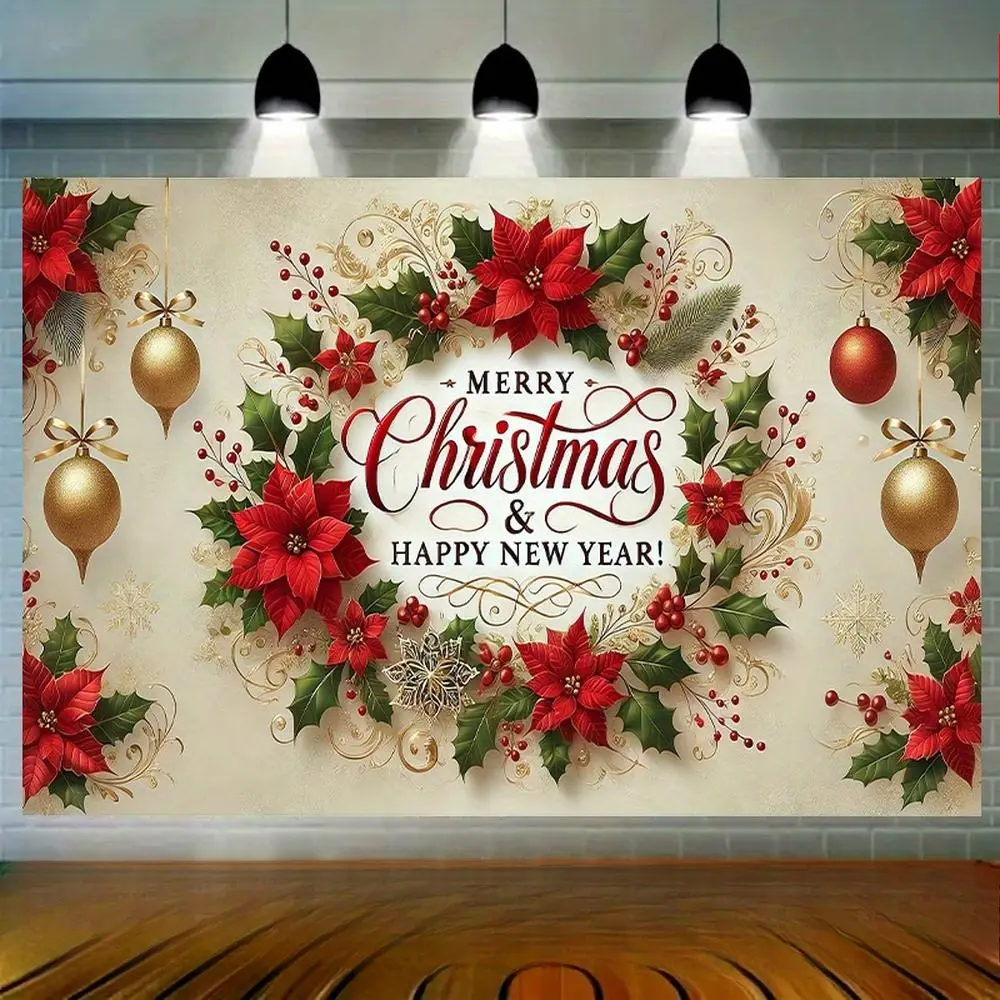 Polyester Christmas Poinsettia Golden Ornament Tapestry - Lightweight Printed Home Decor Backdrop for Winter Festival Holiday Party, Indoor-Outdoor Event Display & Photography Use