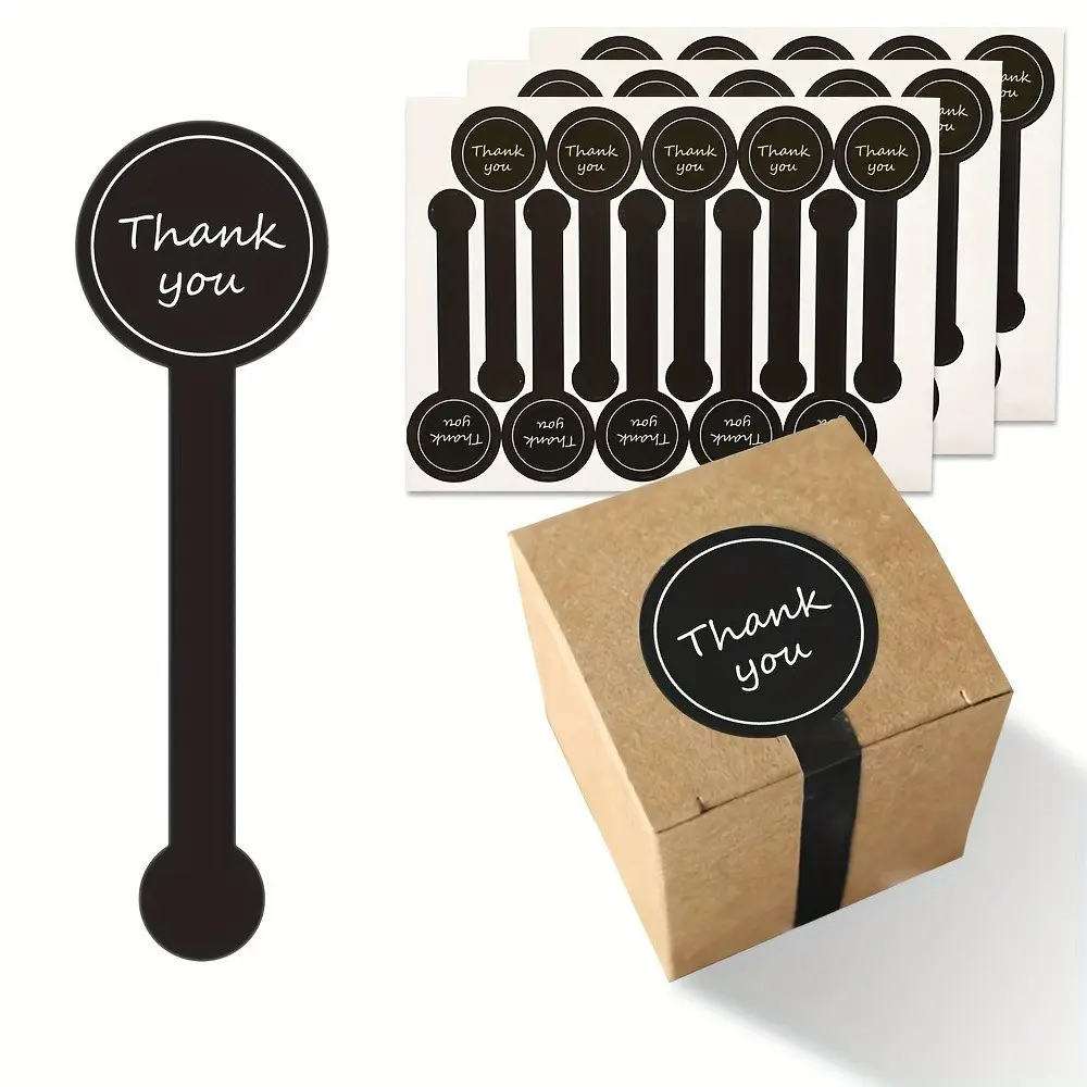 300pcs black Thank you long sealed pudding bottle sticker, baking packaging box label sticker, suitable for bakeries, handmade products, birthday party prizes, packaging box sealing stickers, gift box decorative bag packaging labels