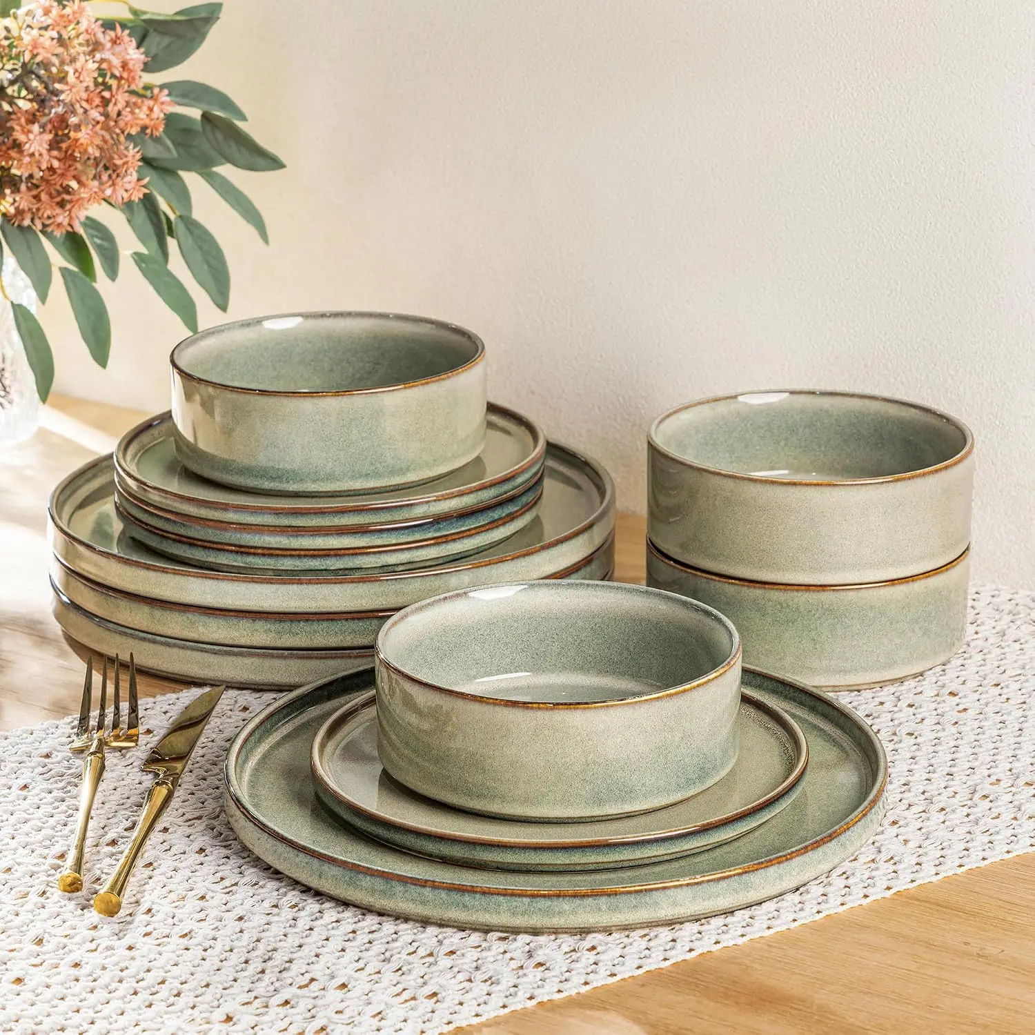 Ceramic Dinnerware Sets for 4,12  Plates and Bowls Sets Dishes | Stoneware  Reactive  Dishes Set | Highly Chip and Crack Resistant | Dishwasher & Microwave Safe