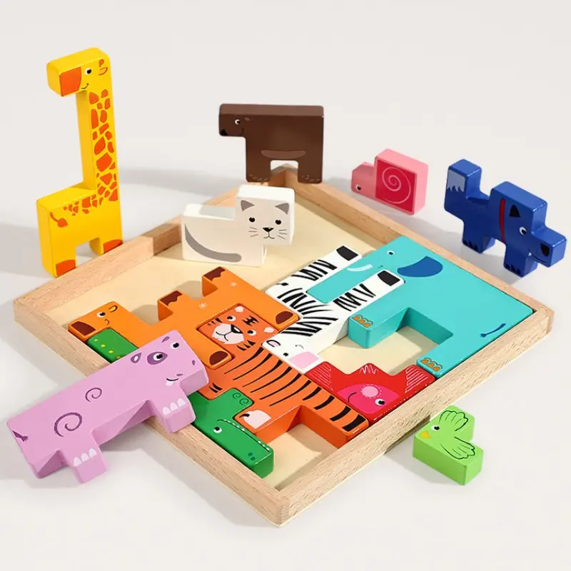 3D Wooden Animal Puzzle Blocks, Montessori Educational Shape Matching Toy, Brain Teaser Gift for Kids Aged 3+, Christmas Present