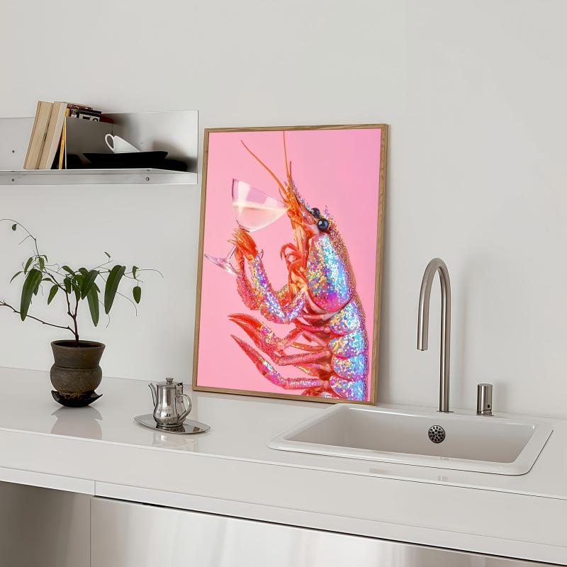 2D Flat, 2D Flat, A Vibrant Canvas Poster Featuring a Crayfish And Champagne, Perfect for Modern Wall Decor in Various Spaces Such As Your Home, Bedroom, Living Room, Kitchen, Bathroom, Or Office