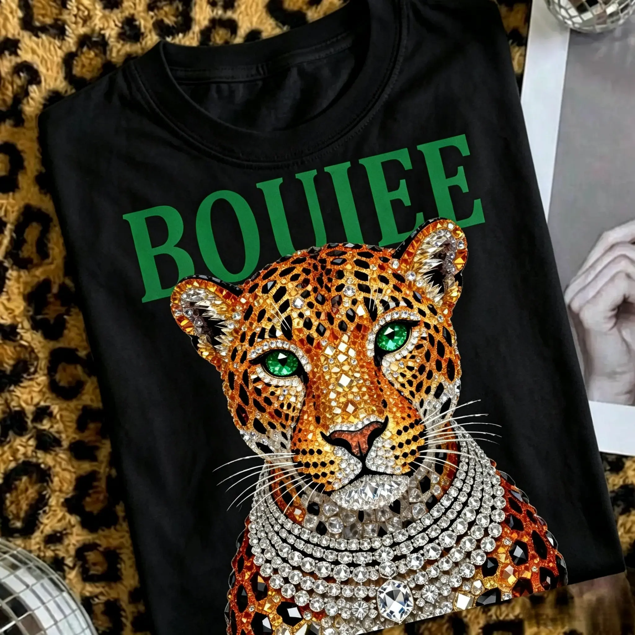 uxury Leopard Rhinestone Shirt Boujee Graphic Tee Women Oversized Glitter Bling Aesthetic Street Fashion Casual Top