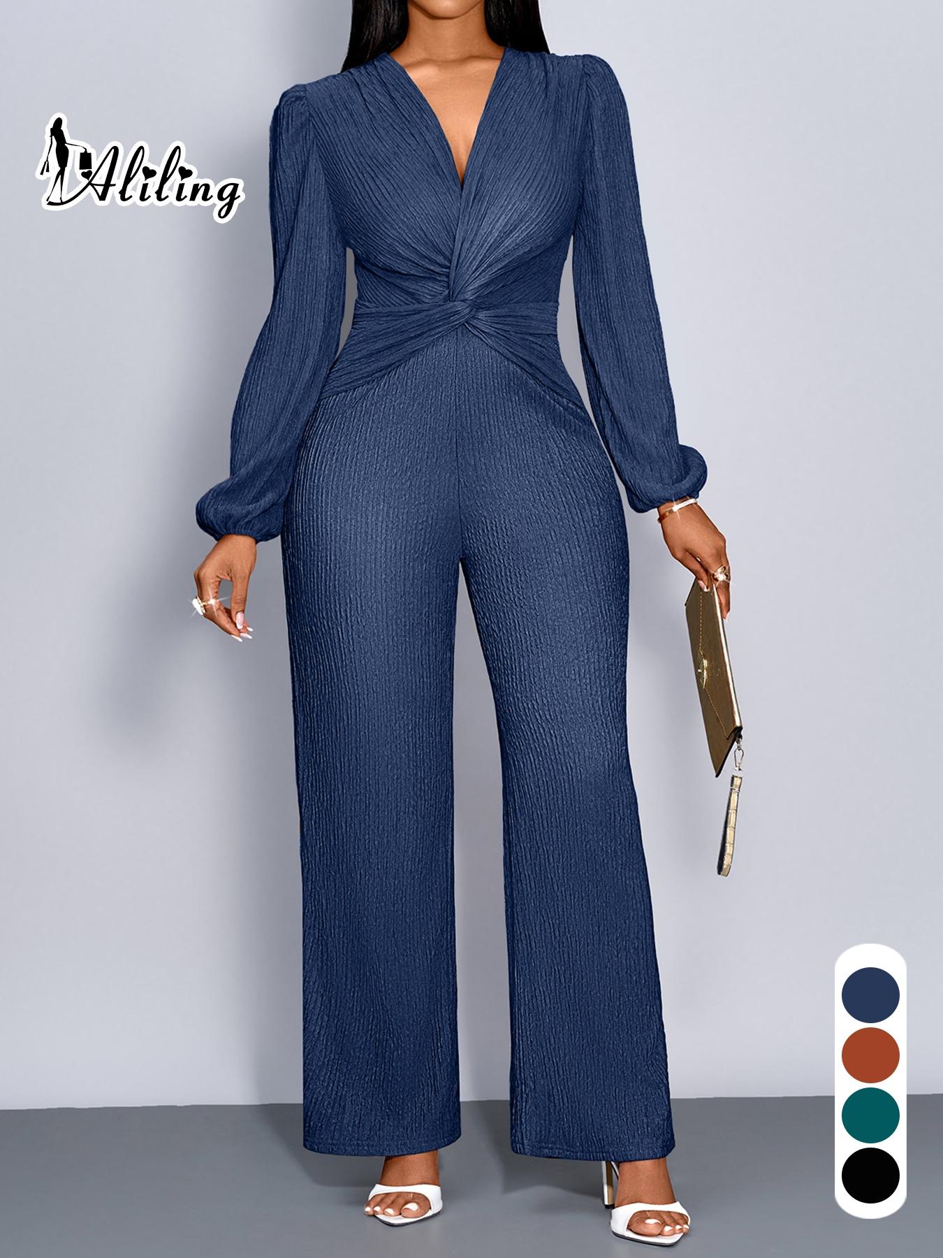Aliling Fahsion Jumpsuit For Women Autumn Sexy Elegant Women's Jumpsuits, Deep V Neck High Waist Twist Design Long Pants, Puff Sleeve Wide Leg Pants Jumpsuit ,All Seasons Causal Wear