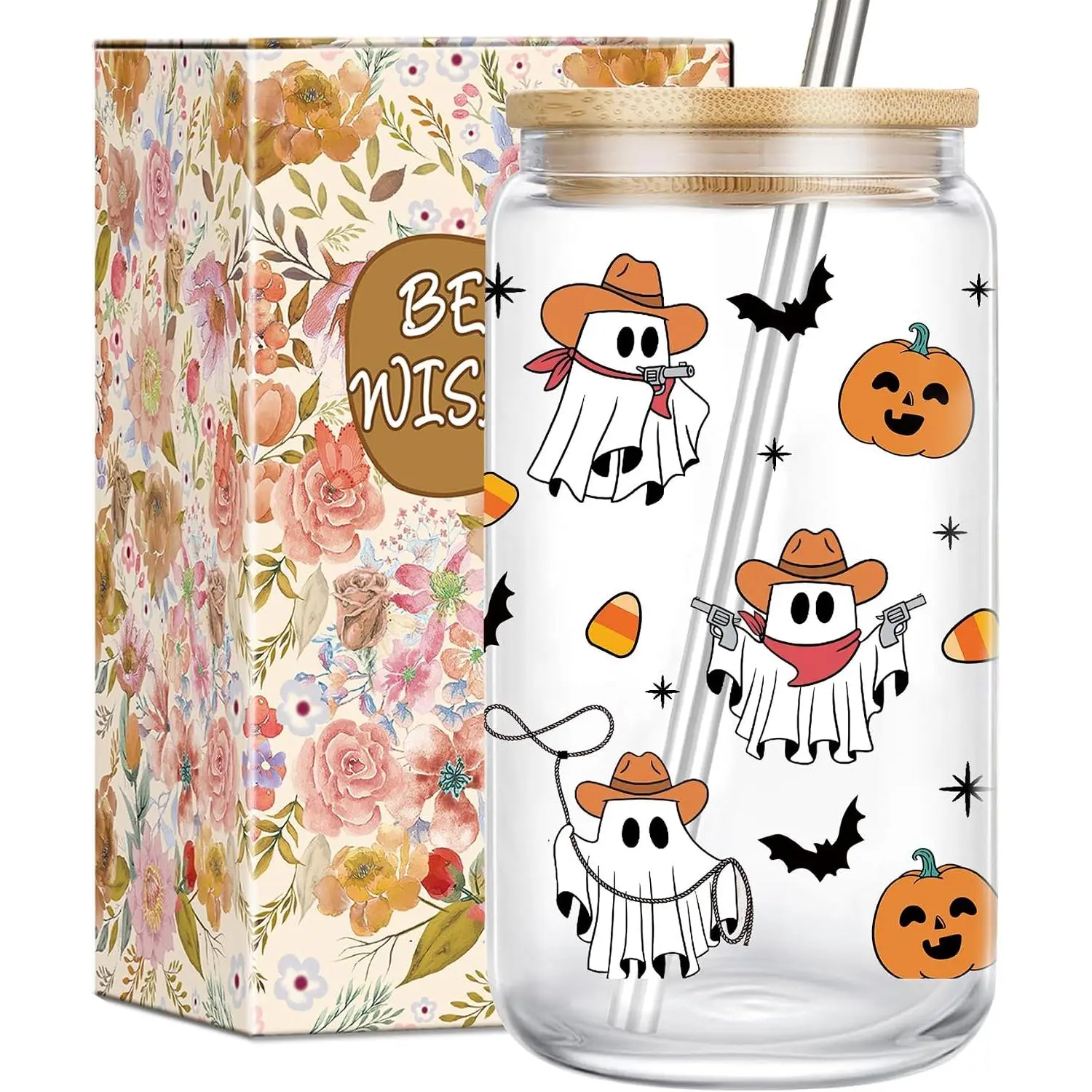 16oz Thick Glass Cowboy Cup - Spooky Halloween Cowboys Vibe Drinkware with Straws, Funny Cowgirl Mug, Boo Basket Stuffers for Adults