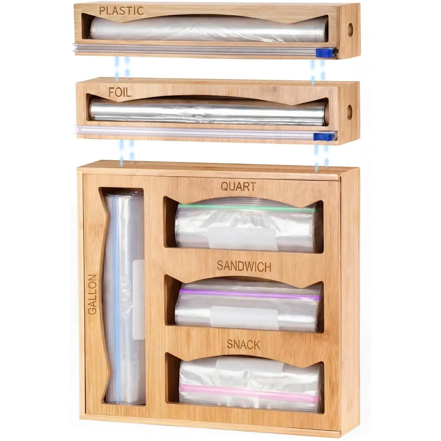 6 in 1 Storage Bag Organizer Kitchen Drawer,  Foil and Plastic Wrap Dispenser with Slider , Kitchen Bag Organizer for Quart, Gallon, Sandwich and Snack Bags