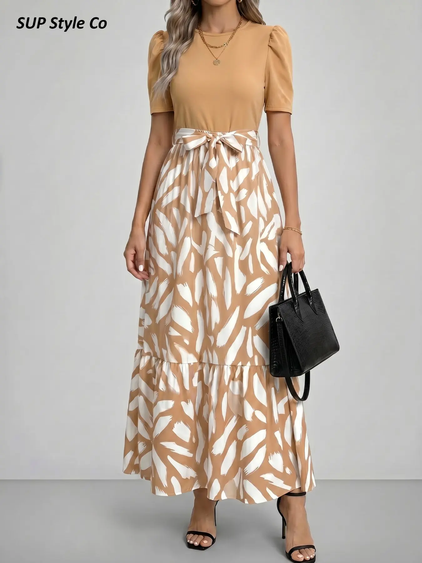 Warm Tone Short Sleeve Round Neck Waist Cinched Belt Print Flowy Maxi Long Dress, Women's Casual Fashion, Ideal for Daily Outing & Light Social Events