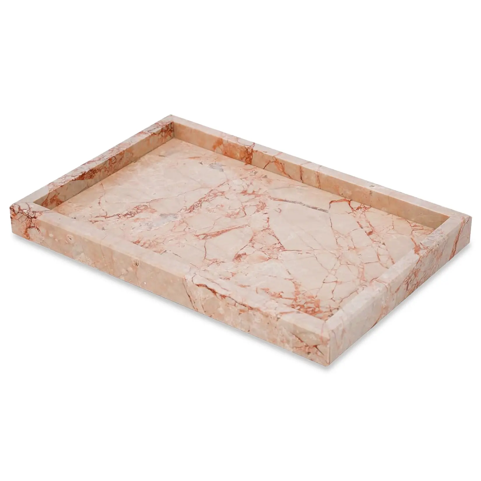 Luxury Pink Marble Jewelry Tray Organizer – 12x8 Inch Stone Vanity Tray with Rose Gold Accent – Decorative Display for Bathroom Countertop, Dresser, Bedroom, or Entryway