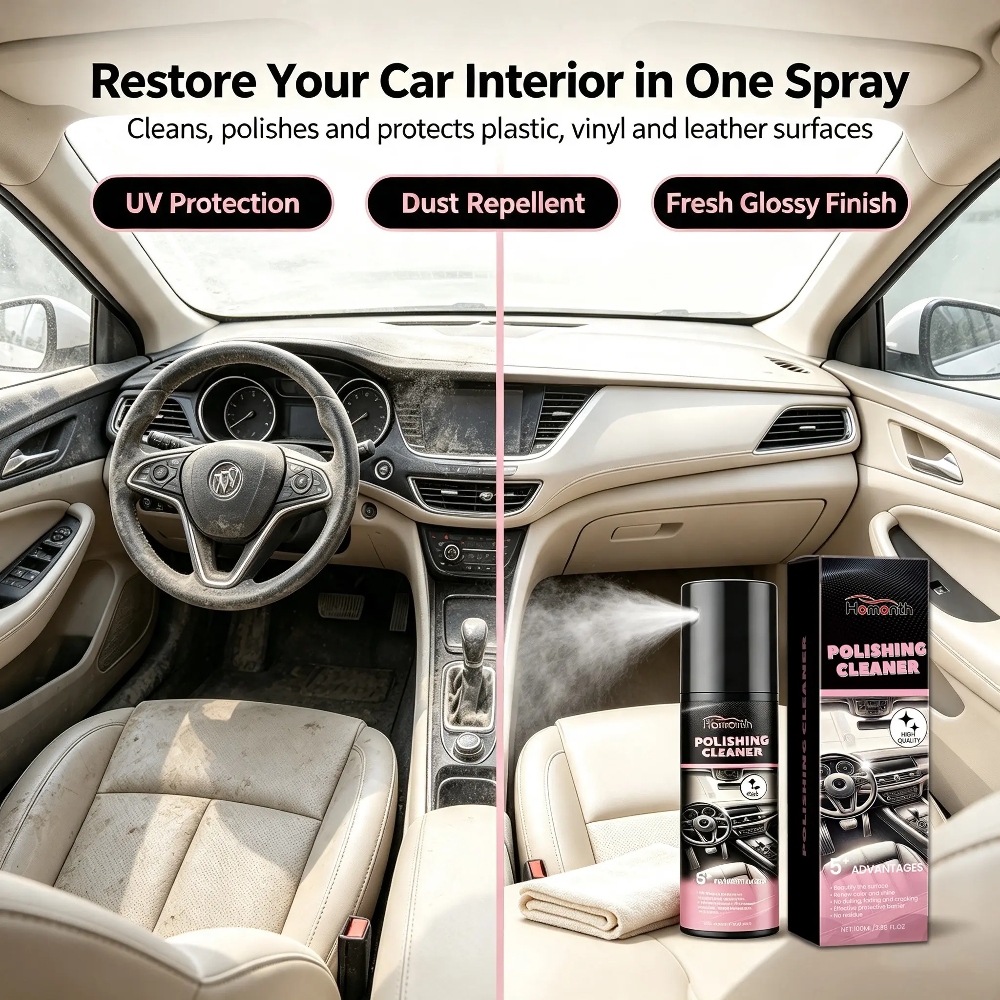 2Pcs Car Interior Cleaner Spray, Dashboard Polish & Protectant, UV Protection, Dust Repellent, Plastic Vinyl Leather Restorer