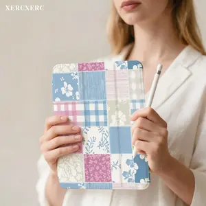 Pastel Floral Gingham Patchwork PU Flip iPad Case, TPU Soft Shell 3-Fold Stand Pen Slot Shockproof Anti-Drop Auto Wake/Sleep for iPad Air 11/10.9, iPad Pro 12.9/11/10.9, iPad 9th/10th Gen, Galaxy Tab S10+/S9+/S8+ - Back to School Gift