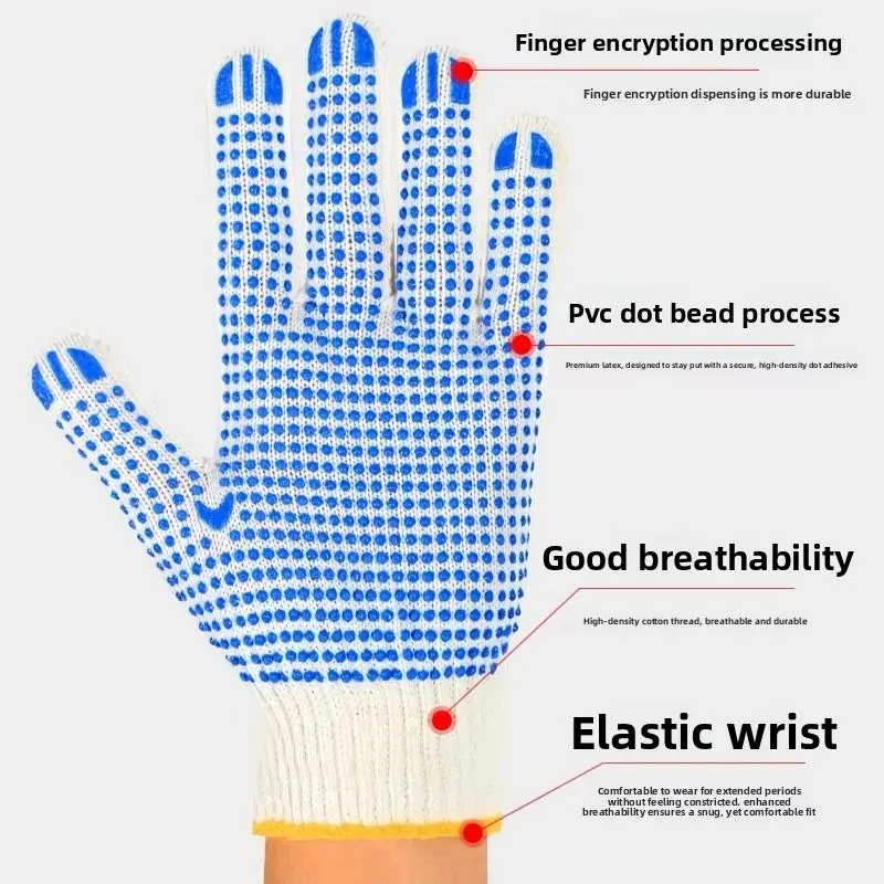 Protective Gloves for Manual Laborers, 5-Pair Bulk Pack 10-Needle Knit Double Bead Thickened Cotton Yarn Wear-Resistant Anti-Slip Dot Plastic Coated Gloves for Dispensing, Garden Protection (Tools & Hardware)