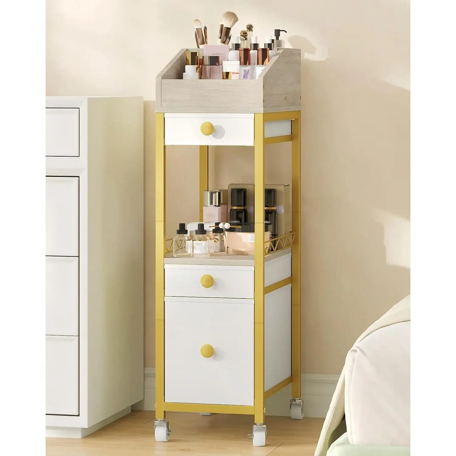 Rolling Makeup Organizer Cart with Drawers | Floor-Standing Makeup and Skincare Organizer with Wheels, Bathroom  Make Up Organizers, White, , and
