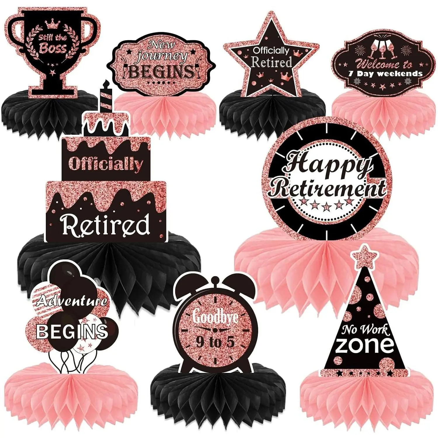 9 PCS Rose Gold Retirement Party Decorations, Glitter Honeycomb Table Centerpiece Toppers for Women Happy Retirement Celebration Supplies