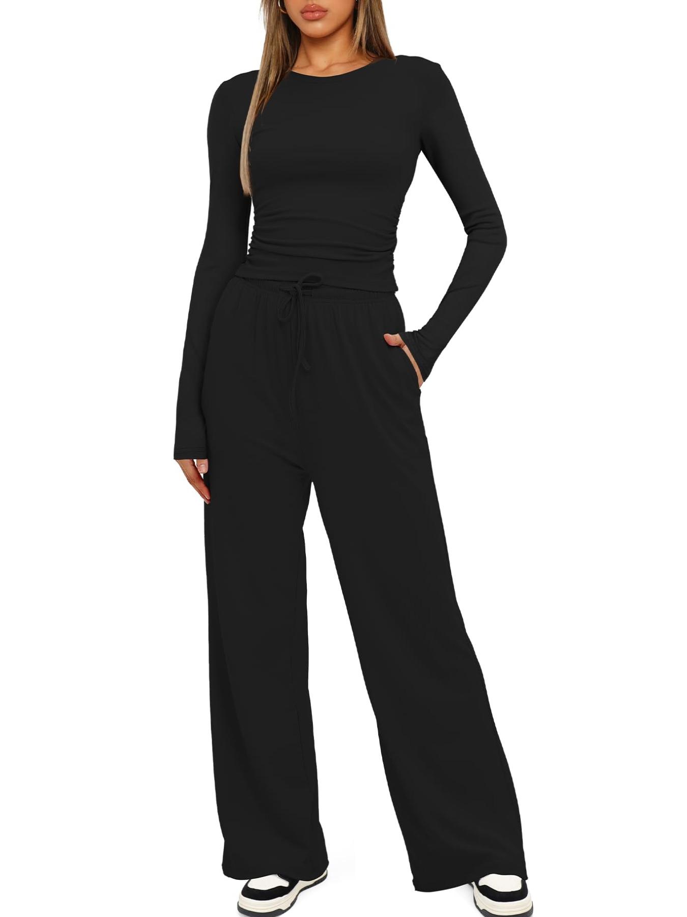 Women's Solid Ruched Drawstring Loungewear Set, Casual Fit Long Sleeve Round Neck Top & Pocket Wide Leg Trousers, Ladies Sleepwear for All Seasons