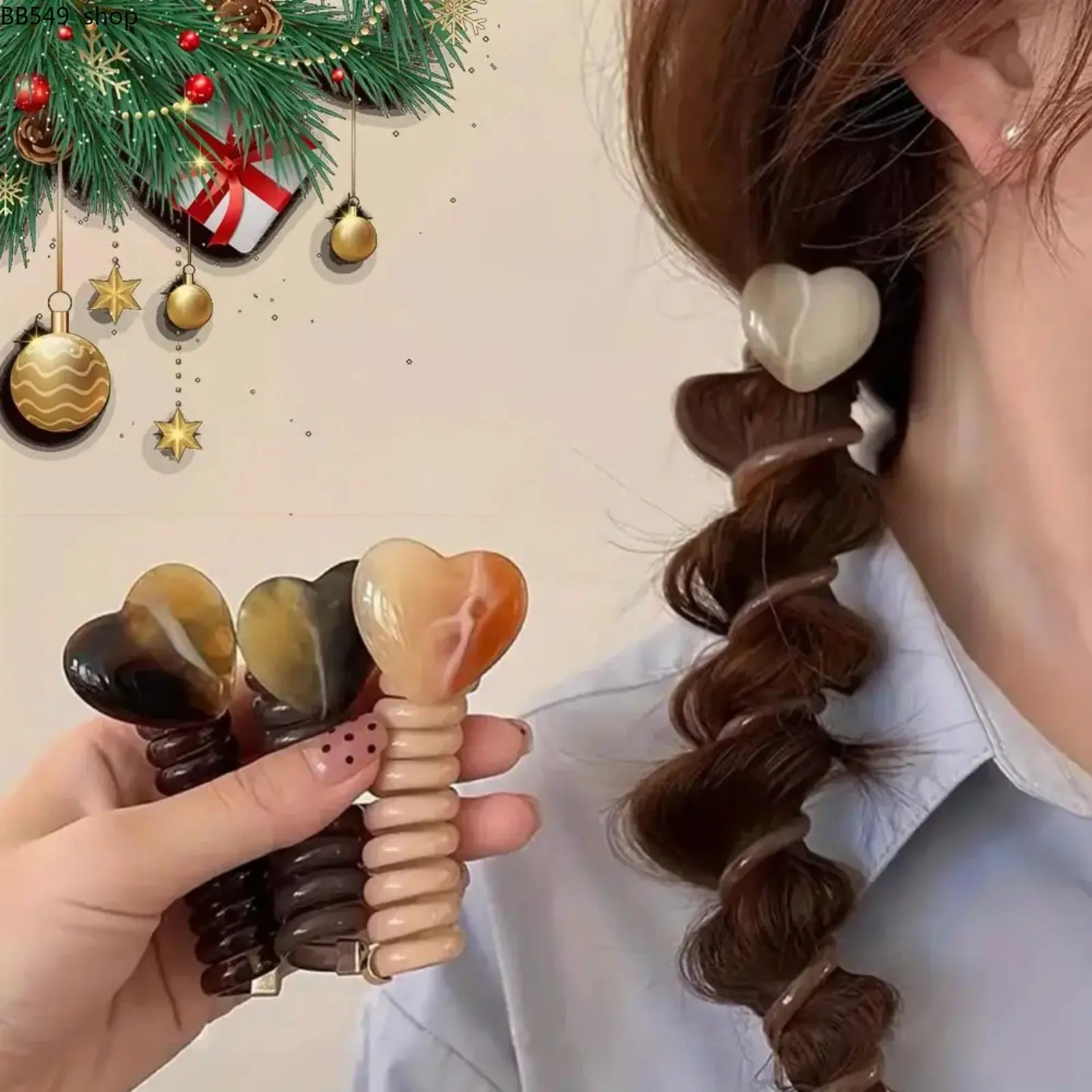 Heart Shaped Bubble Hair Ties, Elastic Hair Ties Ponytail Holders, 4 Counts/set Hair Braiding Tool, Straight Telephone Cord Ponytail Holder, Hair Styling Tool for Women & Girls, Christmas Gift, Braid Hairstyles, Hair Bun Accessories