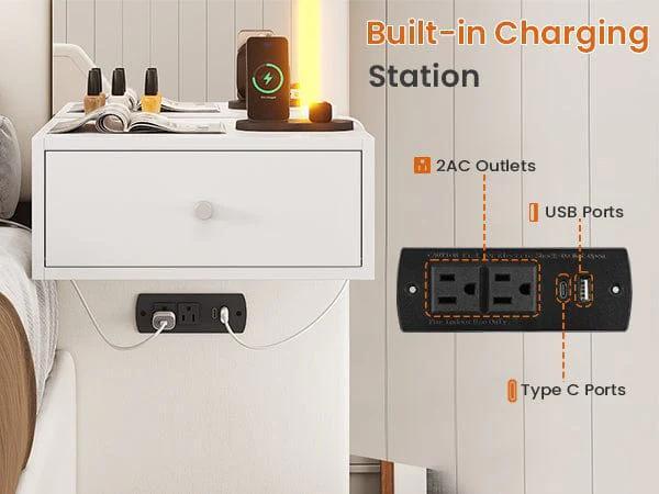 Sikaic PU Leather Upholstered LED Bed Frame with 2 Nightstands White Platform Bedframe Furniture Bedroom Diamond Tufted Headboard & RGB LED Light Strip