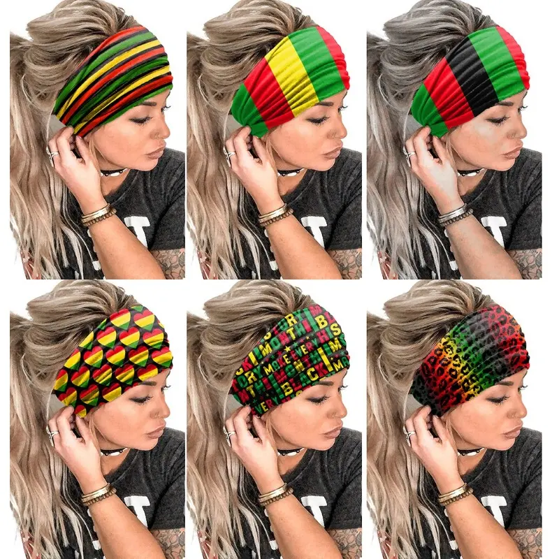 Unisex African Flag Colors Headbands - 4Pcs/Pack, Red Yellow Green Black Print, Soft Fabric, Casual Sports Yoga Beach Wear Hair Accessory, National Flag Print, One Size