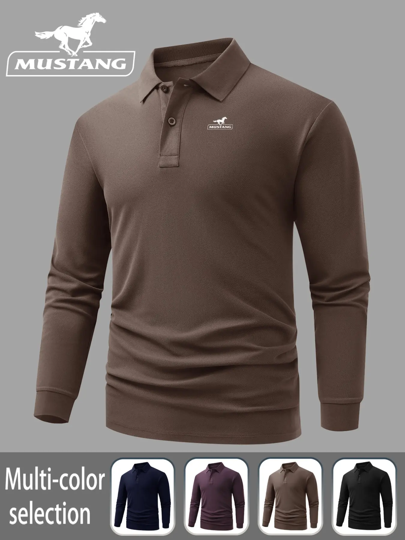 High-End Men's Golf Long Sleeve Polo Shirt, Wild Horse Logo Print, Fitted Collared Shirt, Breathable and Comfortable, All Seasons
