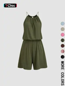 Women's Rib Knit Halter Neck Romper, Drawstring Tie Detail, Elastic Waist, Multiple Color Options, Soft Stretchy Breathable Fabric, Casual Daily & Vacation Wear, Minimalist Casual Style