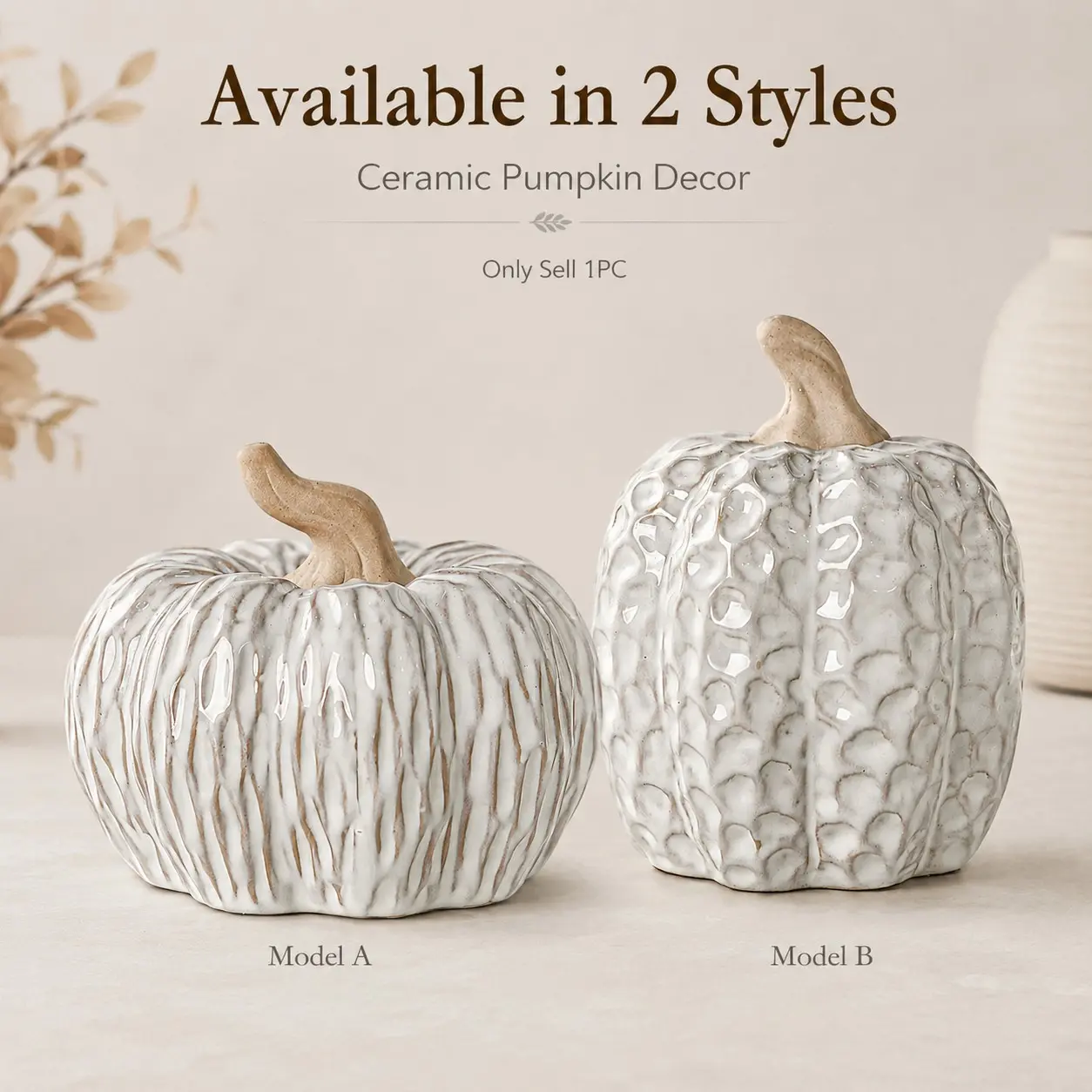 Ceramic pumpkin desktop figurine decoration, white glossy pumpkin decoration, autumn harvest festival Halloween decoration decoration, textured ceramic desktop home decoration