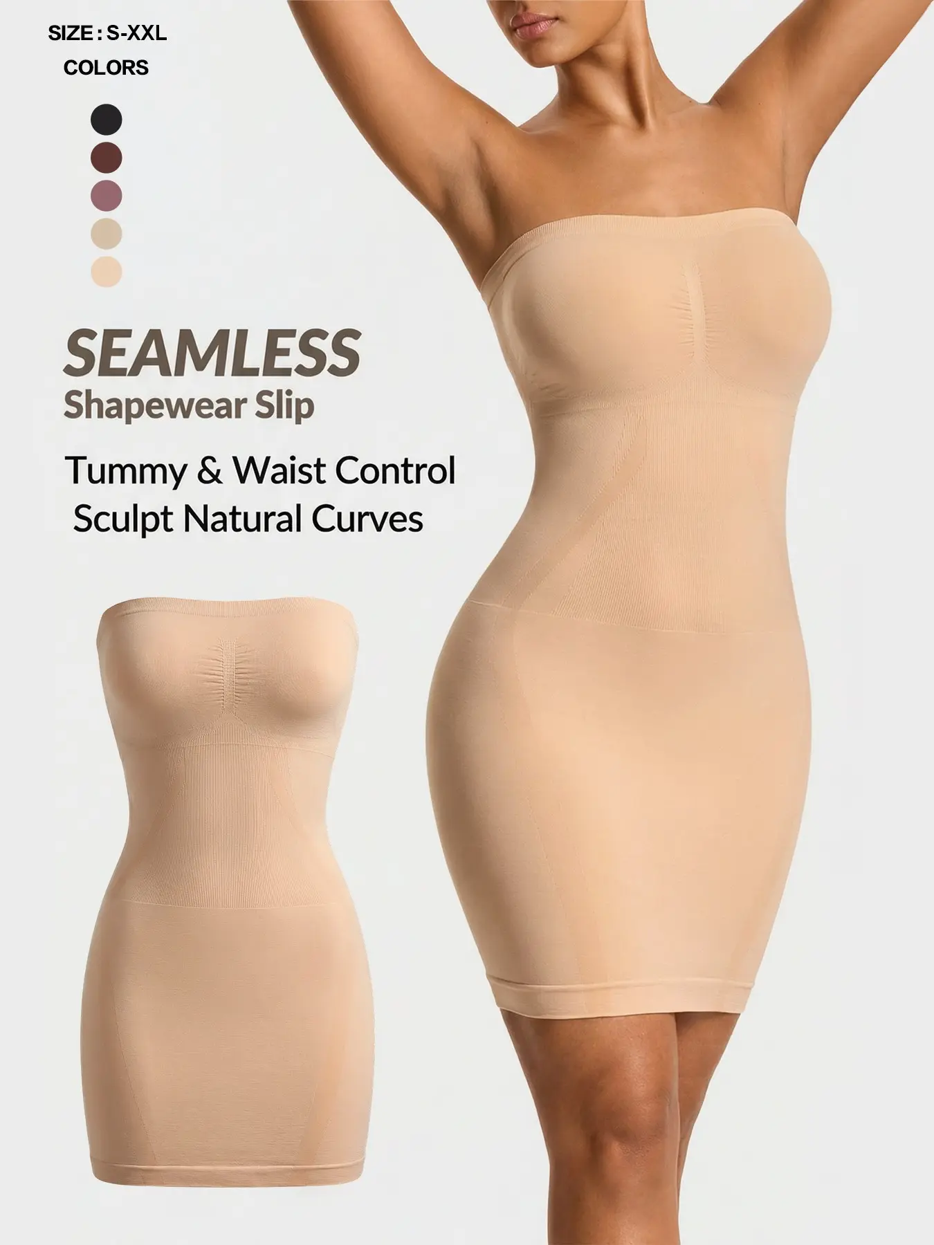 Seamless Strapless Shapewear Slip Dress, Waist Tummy Control Body Shaper, Casual Y-Type Design, All Seasons, Plain Surface, Regular Length