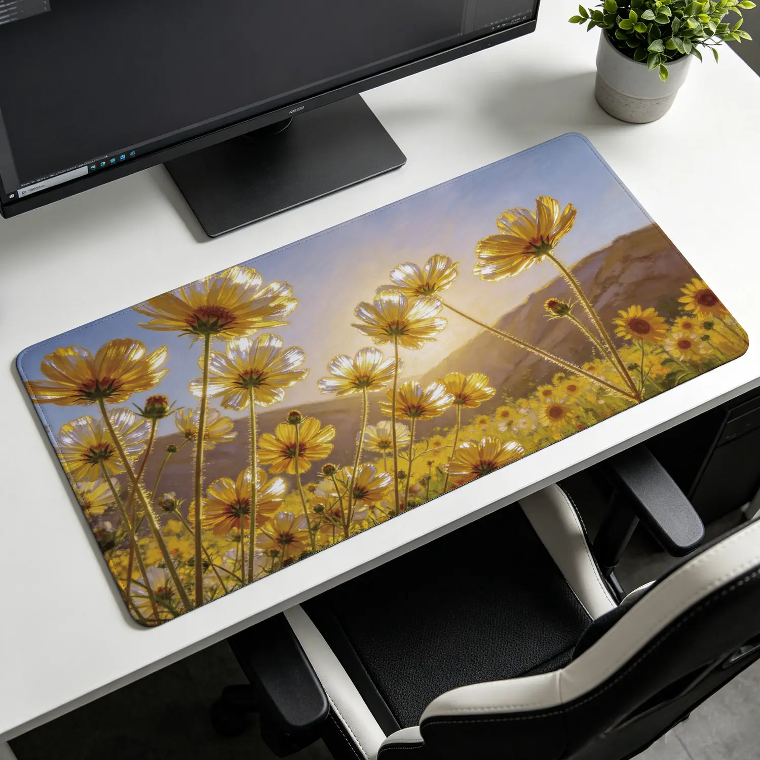 Extra Large Golden Yellow Cosmos Flower Under Sunset Mouse PadNon Slip Rubber PadDesktop Decoration Drotection PadWashableLock Edge Multi SizePremium Multipurpose Mousepad For HomeOfficeGift for Family and Friends