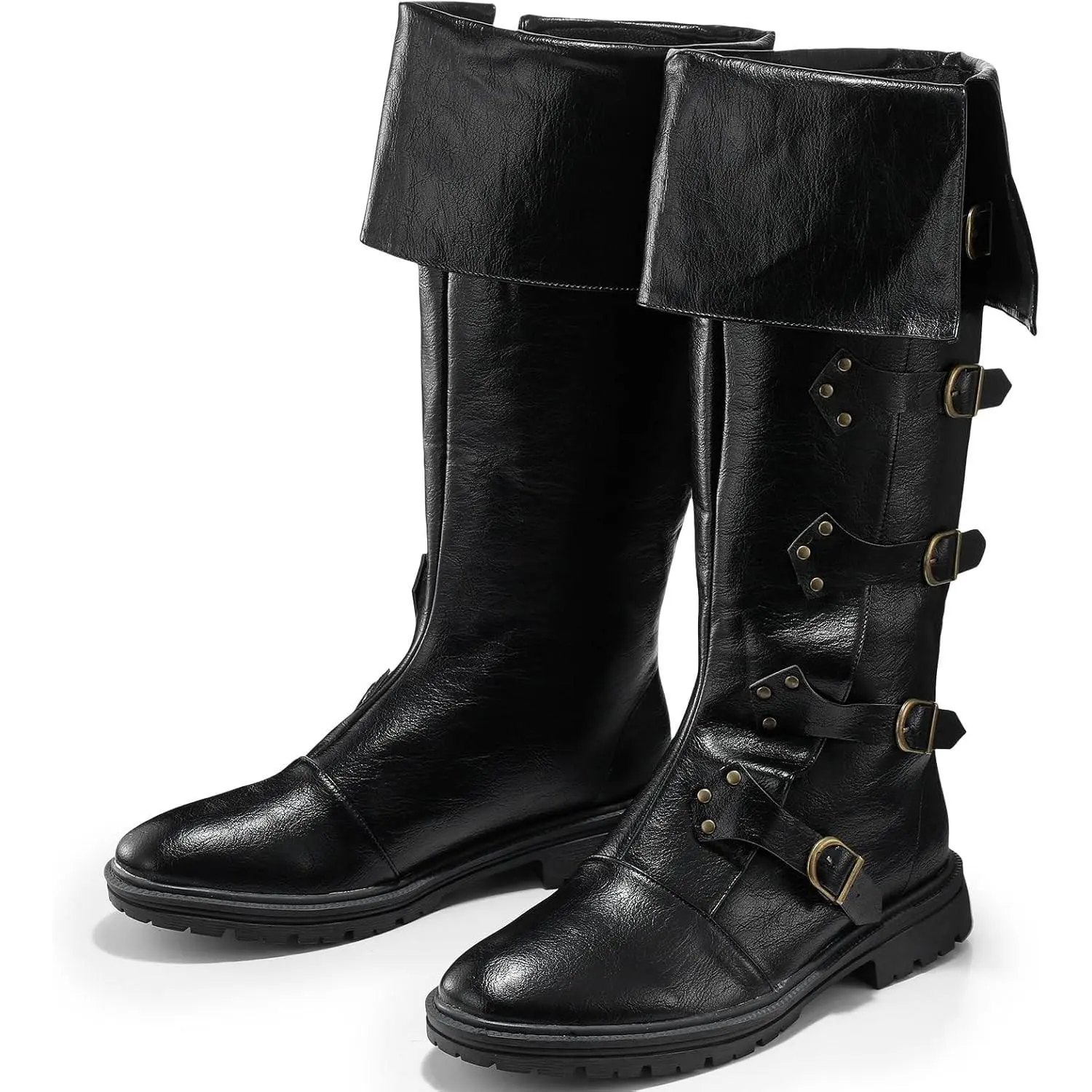 Medieval Pirate Boots for Men Women Renaissance Faux Leather Viking High Tube Steampunk Cosplay Shoes for Halloween Party, Role Play, Costume Accessories(Gift)
