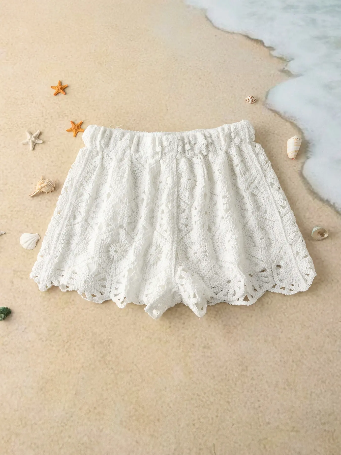 Boho Style Crochet Knit Shorts, Hollow Out Floral Pattern, Elastic Waist, Beach Cover-Up, Casual Liner Shorts, Unlined, Fitted, Beachwear